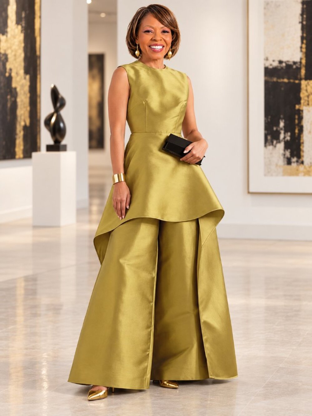 Golden Olive Layered Wide-Leg Formal Jumpsuit Size Large - Picture 10 of 11